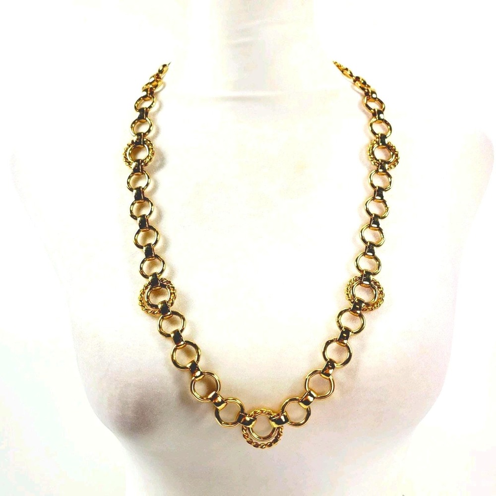 1970s Signed Monet Triple Link Chunky Chain Gold Tone Necklace 29.5"‎